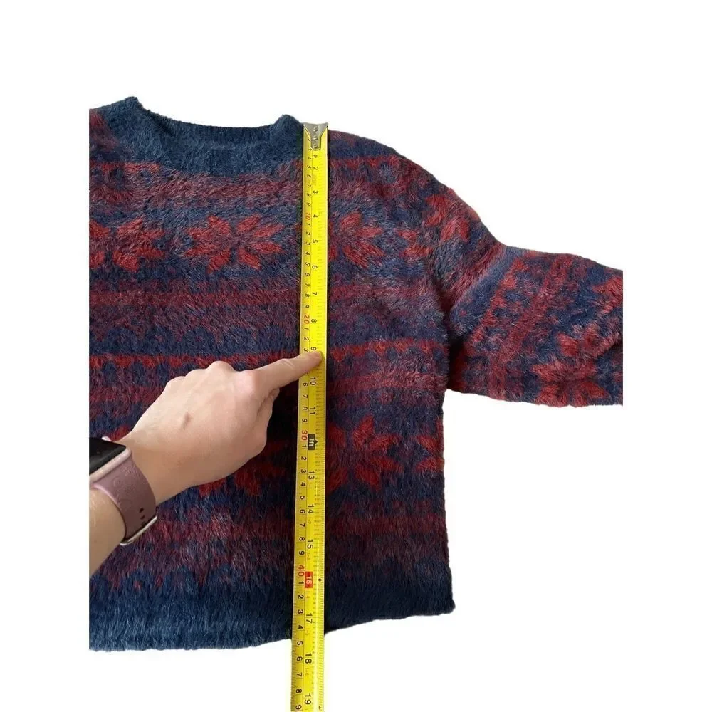 NWOT FREE PEOPLE FP ONE Sz S CROPPED FUZZY FAIRISLE‎ PULLOVER SWEATER NAVY COMBO